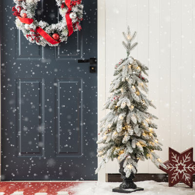 Glitzhome Pre-Lit Flocked Porch 4 Foot Fir Christmas Tree