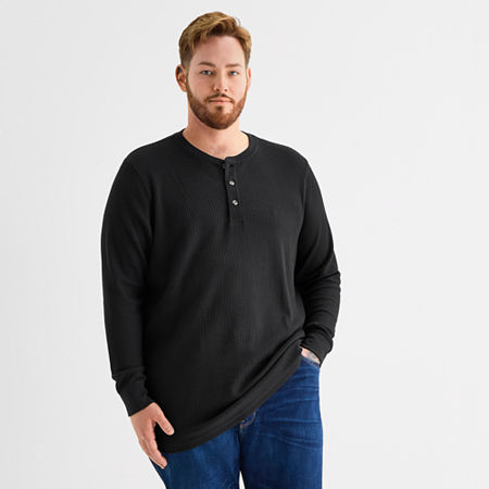 St. John's Bay Waffle Mens Henley Neck Long Sleeve Classic Fit Big and Tall Thermal Top, Medium Tall, Black