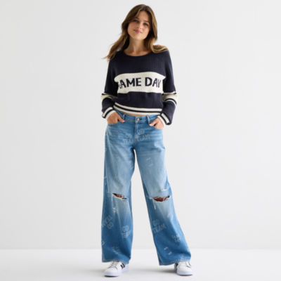 Arizona Womens Juniors Low Rise Baggy Fit Jean, Color: Med Varsity