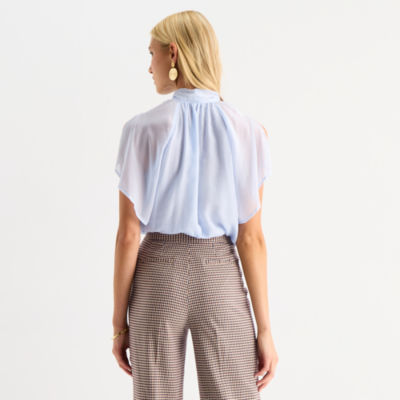 Worthington Womens Mock Neck Short Sleeve Blouse