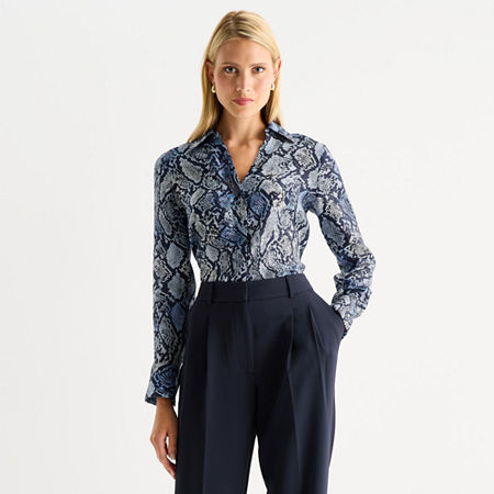 Worthington Womens Long Sleeve Blouse, Petite Large, Blue