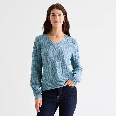 St. John's Bay Womens V Neck Long Sleeve Pullover Sweater In Blue