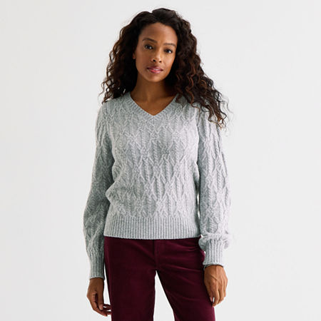 St. John's Bay Womens V Neck Long Sleeve Pullover Sweater In Gray