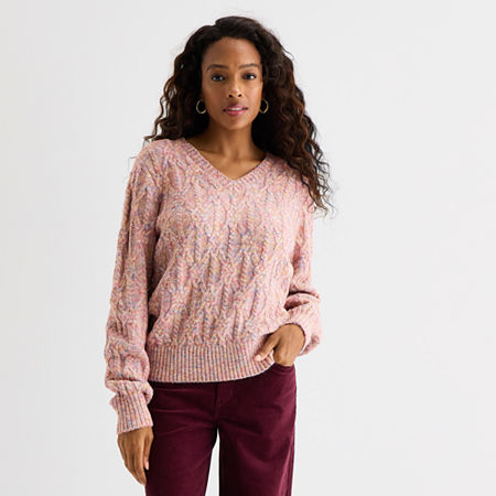 St. John's Bay Womens V Neck Long Sleeve Pullover Sweater In Pink