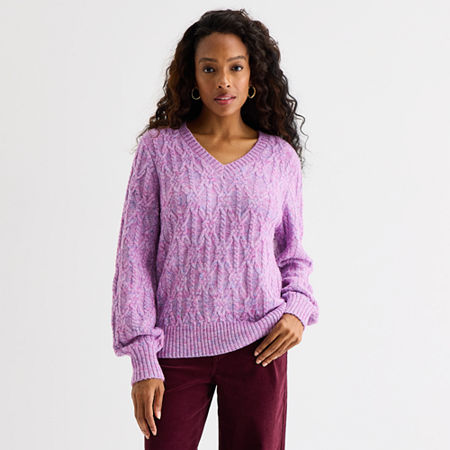 St. John's Bay Womens V Neck Long Sleeve Pullover Sweater In Purple