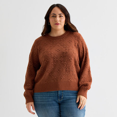 St. John's Bay Plus Womens V Neck Long Sleeve Pullover Sweater In Brown