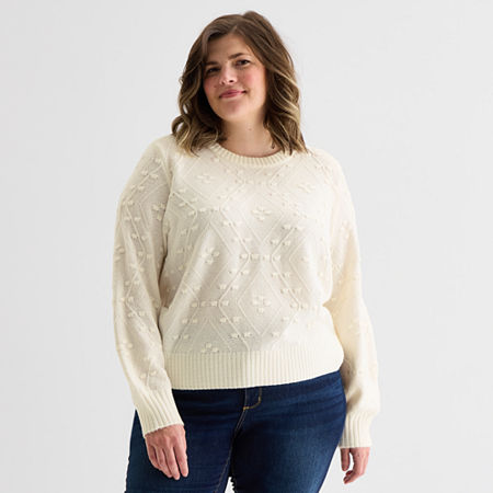 St. John's Bay Plus Womens V Neck Long Sleeve Pullover Sweater In White