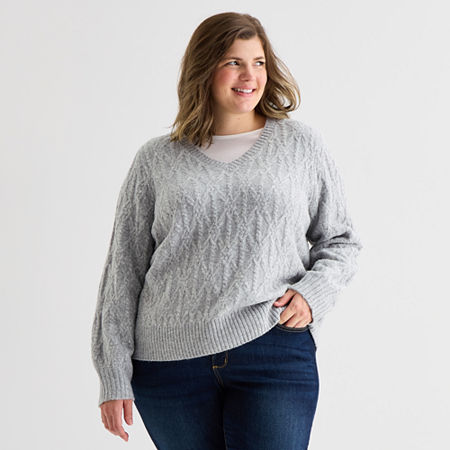 St. John's Bay Plus Womens V Neck Long Sleeve Pullover Sweater In Gray