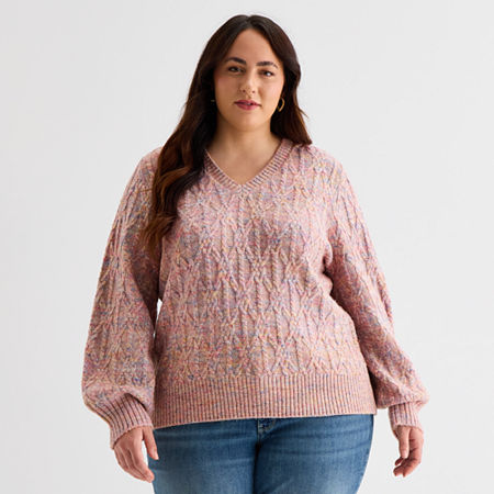 St. John's Bay Plus Womens V Neck Long Sleeve Pullover Sweater In Pink