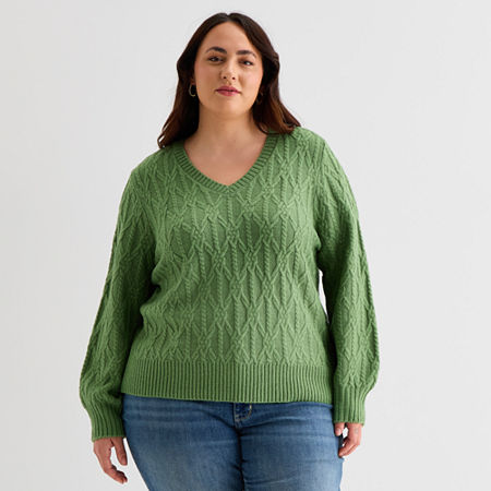 St. John's Bay Plus Womens V Neck Long Sleeve Pullover Sweater In Green