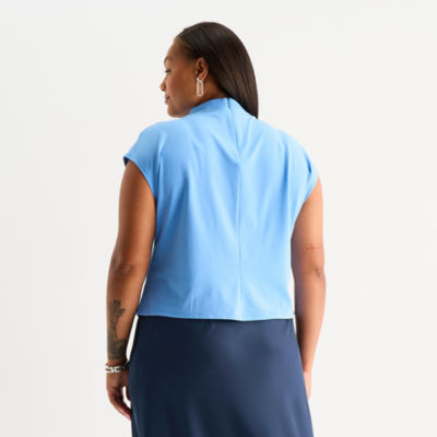 Worthington Womens Plus Mock Neck Short Sleeve Blouse, Color