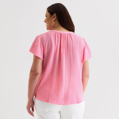 Liz Claiborne Womens Split Crew Neck Short Sleeve Plus Blouse