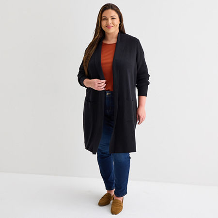 Liz Claiborne Womens Long Sleeve Open Front Plus Plaid Cardigan, 1x, Black