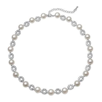 Cultured Freshwater Pearl and Cubic Zirconia Silver-Plated Necklace