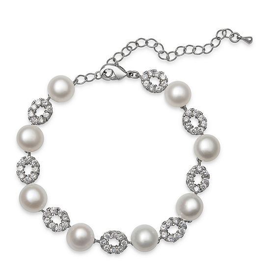 Cultured Freshwater Pearl and Cubic Zirconia Silver-Plated Bracelet