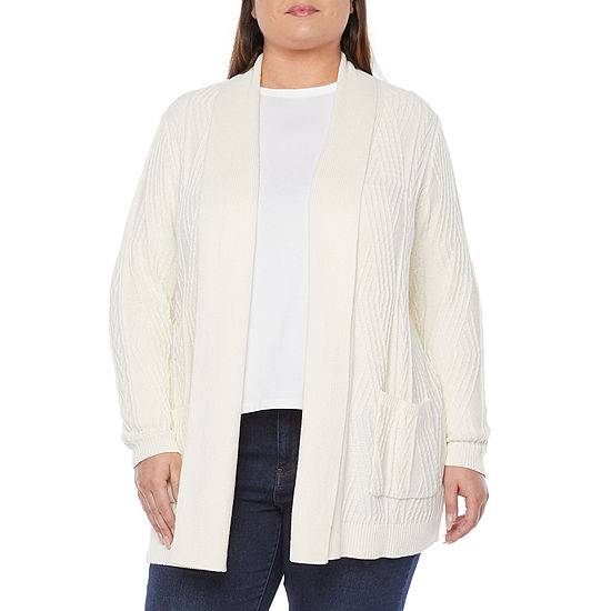 St. John's Bay Plus Cable Womens Long Sleeve Open Front Cardigan