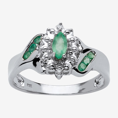 Womens Diamond Accent Genuine Green Emerald Platinum Over Silver Marquise Halo Cocktail Ring