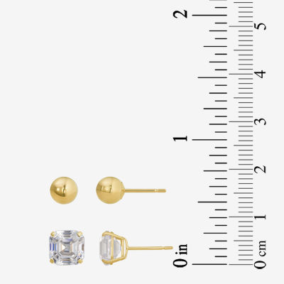 Lab Created White Cubic Zirconia 10K Gold Ball 2 Pair Earring Set