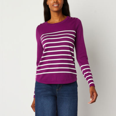 Liz Claiborne Womens Crew Neck Long Sleeve Striped Pullover Sweater