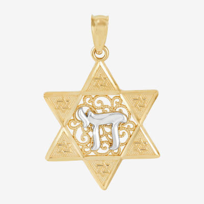 14K Two-Tone Gold Star Of David With Chai Charm Pendant