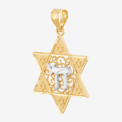 14K Two-Tone Gold Star Of David With Chai Charm Pendant