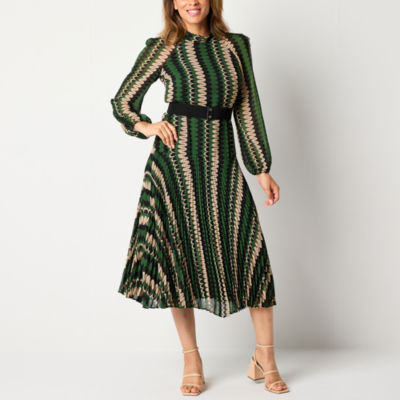 Melonie T Womens Long Sleeve Geometric Midi Fit + Flare Dress