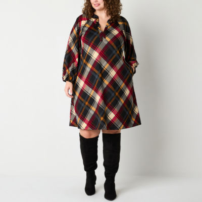 Jessica Howard Womens Long Sleeve Plaid Shift Dress Plus