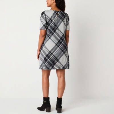 R & K Originals Plaid Womens Petite Short Sleeve Shift Dress