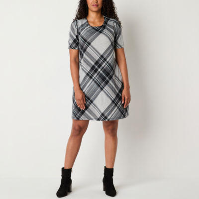 R & K Originals Plaid Womens Petite Short Sleeve Shift Dress