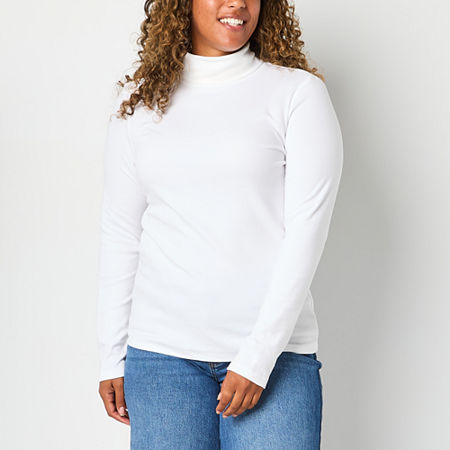 St. John's Bay Womens Turtleneck Long Sleeve T-Shirt, Petite Large, White