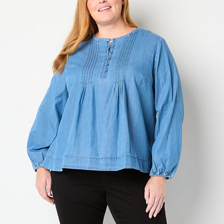 St. John's Bay Plus Womens Long Sleeve Blouse, 3x, Blue