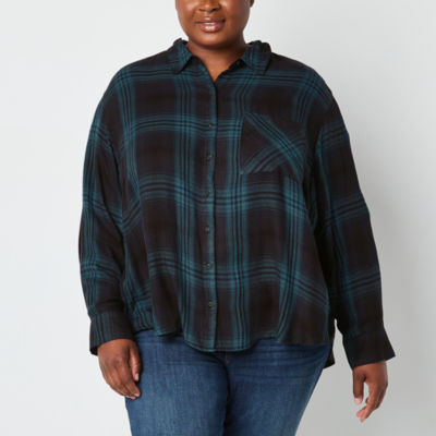 a.n.a Plus Plaid Womens Long Sleeve Loose Fit Button-Down Shirt