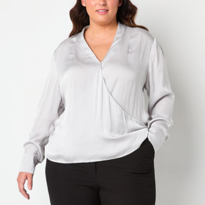 Worthington Plus Womens V Neck Long Sleeve Blouse