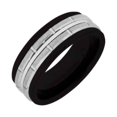  Men’s Black Ceramic & Stainless Steel Brick-Pattern Wedding Band