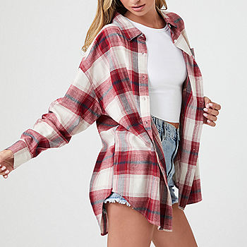 Forever 21 Juniors Oversized Womens Long Sleeve Flannel Shirt, Color:  Red-multi - JCPenney
