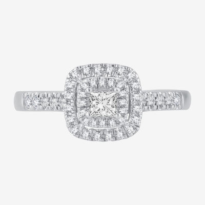 Womens 1/2 CT. T.W. Natural White Diamond 14K Gold Cushion Side Stone Halo Engagement Ring