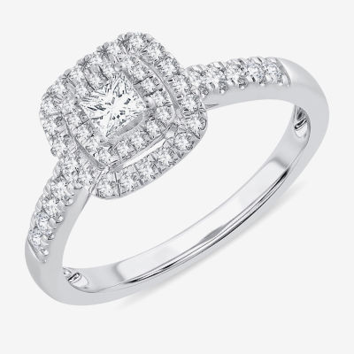 Womens 1/2 CT. T.W. Natural White Diamond 14K Gold Cushion Side Stone Halo Engagement Ring
