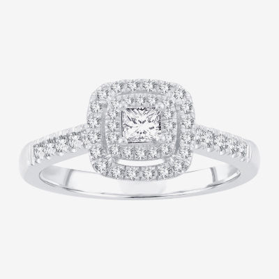 Womens 1/2 CT. T.W. Natural White Diamond 14K Gold Cushion Side Stone Halo Engagement Ring