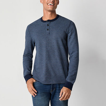 Mutual Weave Waffle Stripe Mens Long Sleeve Henley Shirt, Medium, Blue