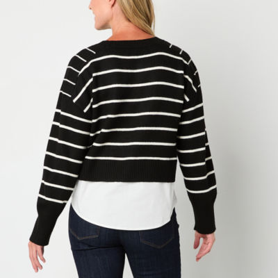 Liz Claiborne Womens Crew Neck Long Sleeve Striped Pullover Sweater