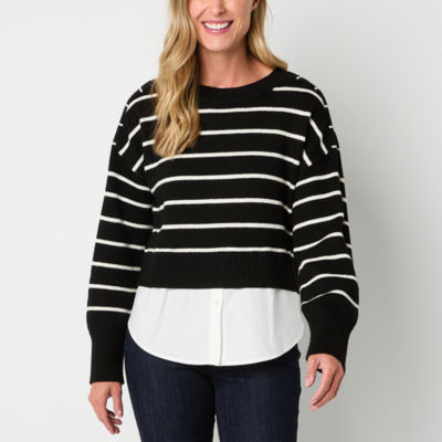 Liz Claiborne Womens Crew Neck Long Sleeve Striped Pullover Sweater