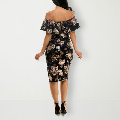 Premier Amour Floral Foil Short Sleeve Midi Sheath Dress