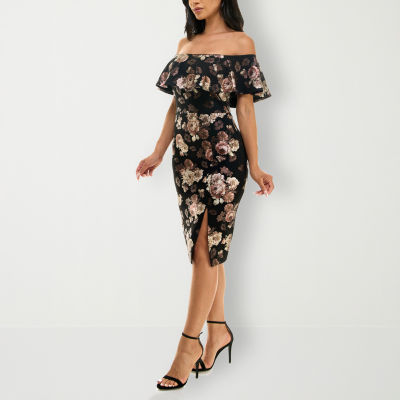 Premier Amour Floral Foil Short Sleeve Midi Sheath Dress