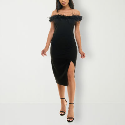 Premier Amour Faux Feather Short Sleeve Midi Sheath Dress