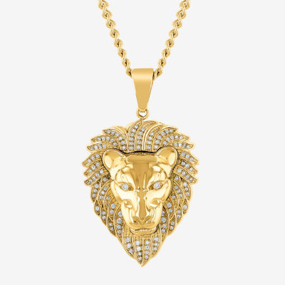 Lion Mens White Cubic Zirconia Stainless Steel Pendant Necklace