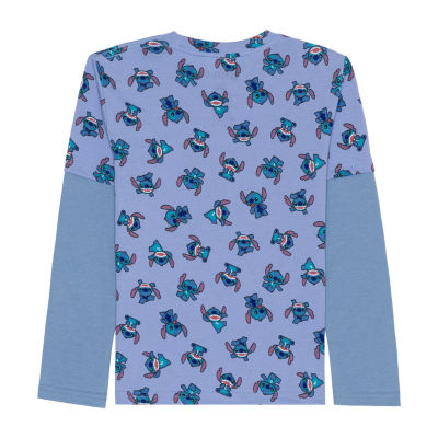 Disney Collection Little & Big Boys Crew Neck Long Sleeve Stitch Graphic T-Shirt