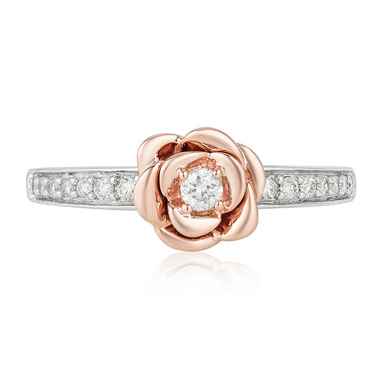 Enchanted Disney Fine Jewelry Womens 1/5 CT. T.W. Genuine White Diamond 10K Rose Gold Over Silver 10K White Gold Beauty and the Beast Side Stone Engagement Ring