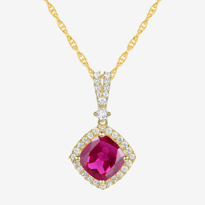 Womens Lab Created Red Ruby 14K Gold Over Silver Cushion Pendant Necklace