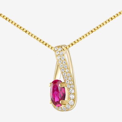 Womens Lab Created Red Ruby 14K Gold Over Silver Oval Pendant Necklace