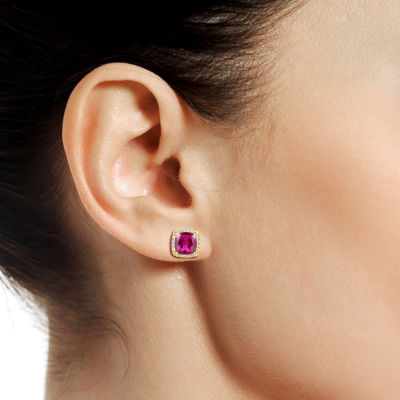 Lab Created Red Ruby 14K Gold Over Silver 6.5mm Cushion Stud Earrings